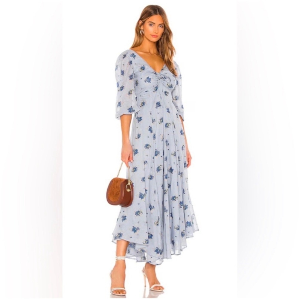 Free People 100% Cotton Sea Glass Boho Floral Peasant Fairy Midi Dress Blue 6